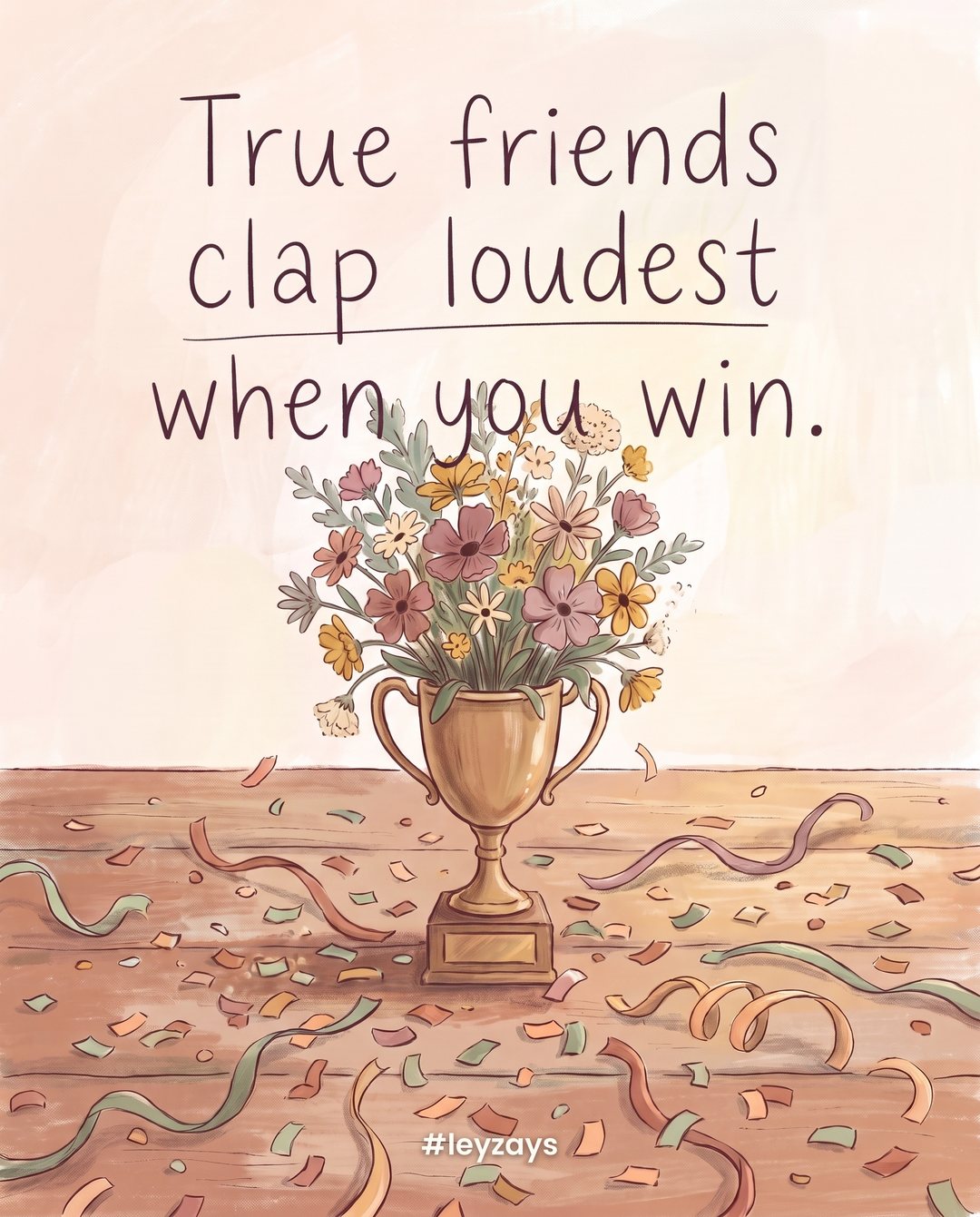 Illustration: Colorful confetti and streamers scattered on a table beside a small trophy cup filled with flowers, warm celebratory light.