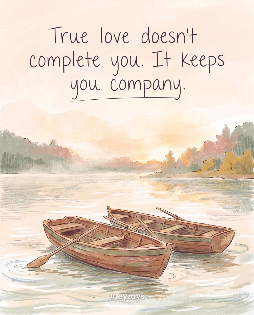 Illustration: Two wooden rowboats floating side by side on a calm lake at sunrise, each with its own oars, gently drifting together.