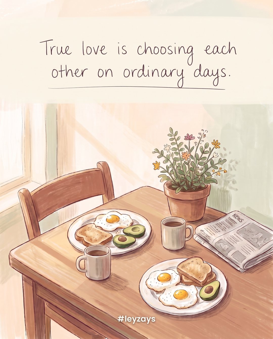 Illustration: Two coffee mugs and two plates of breakfast on a small kitchen table, a newspaper, a plant, simple morning light, no people.