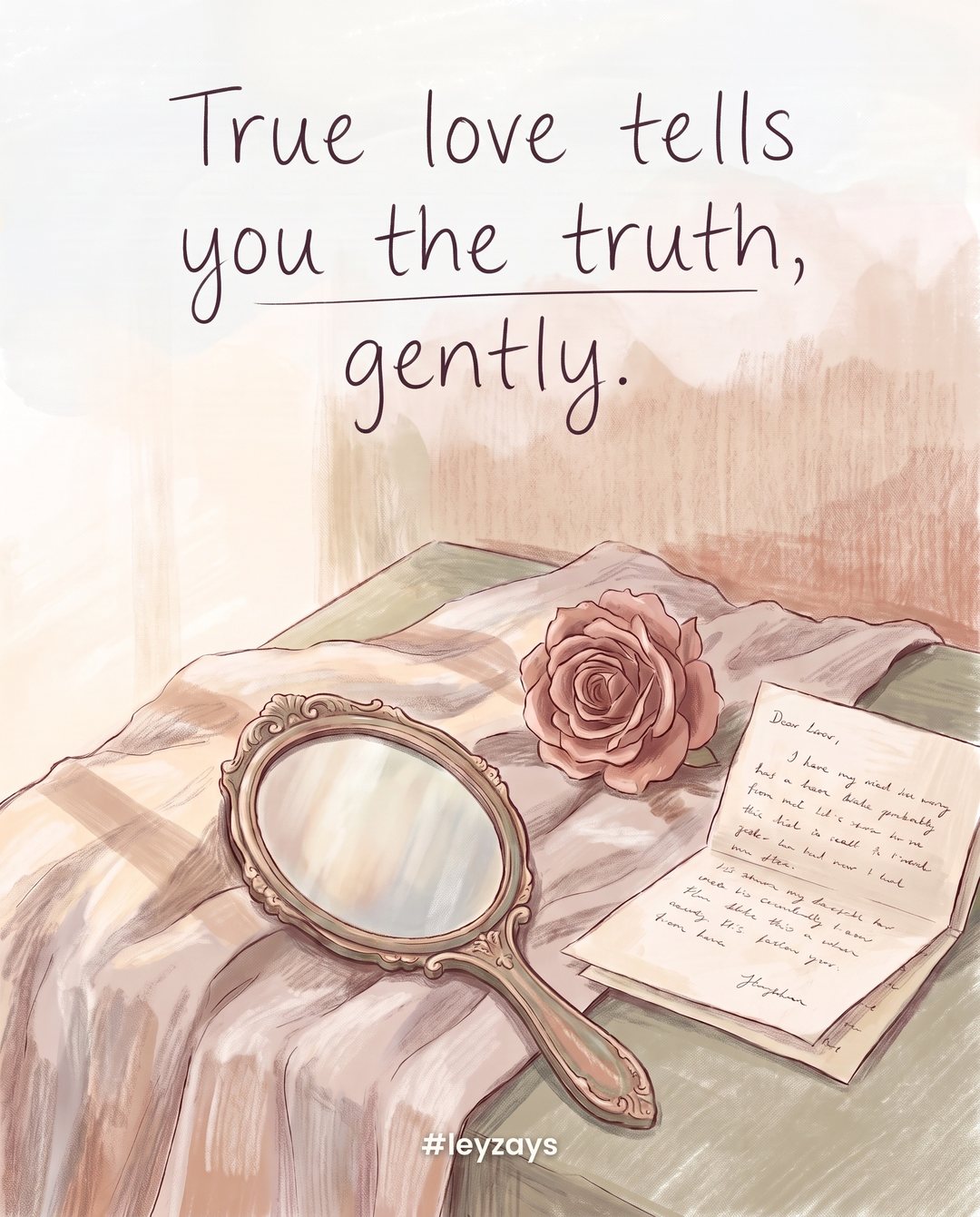 Illustration: A small hand mirror lying on a soft linen cloth beside a single rose and an open letter, gentle morning light (no faces reflected).