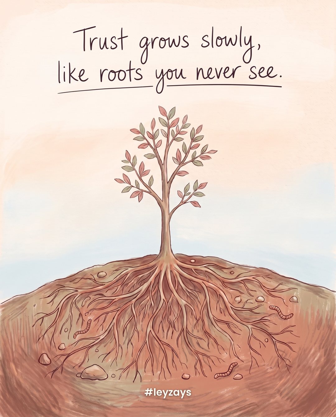 Illustration: A cross-section view of a young tree above ground and its wide network of roots spreading through the soil below, small stones and earthworms, soft earthy colors.