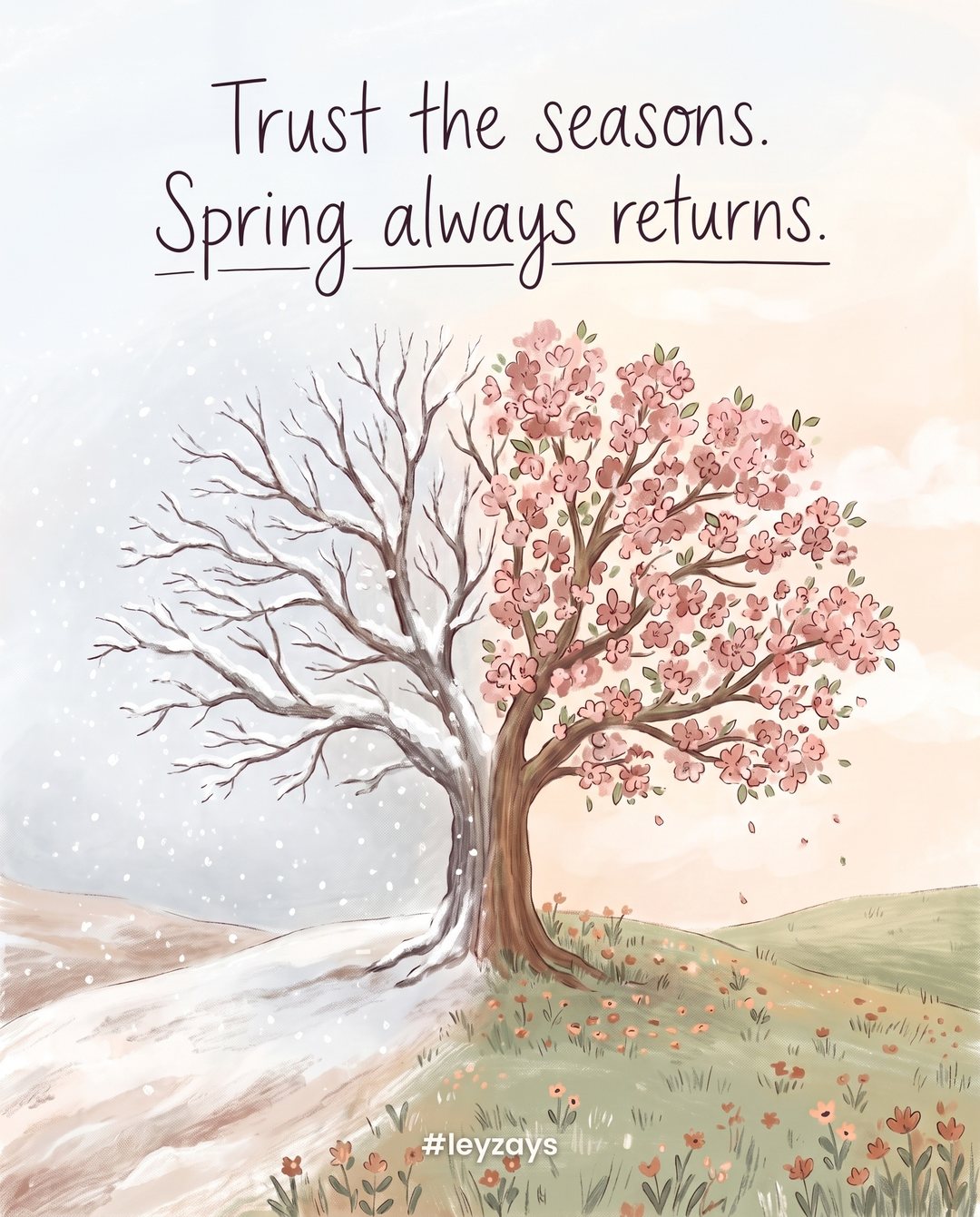Illustration: A bare tree in snow on one side transitioning to the same tree covered in pink blossoms on the other side, a gentle hill, soft light.