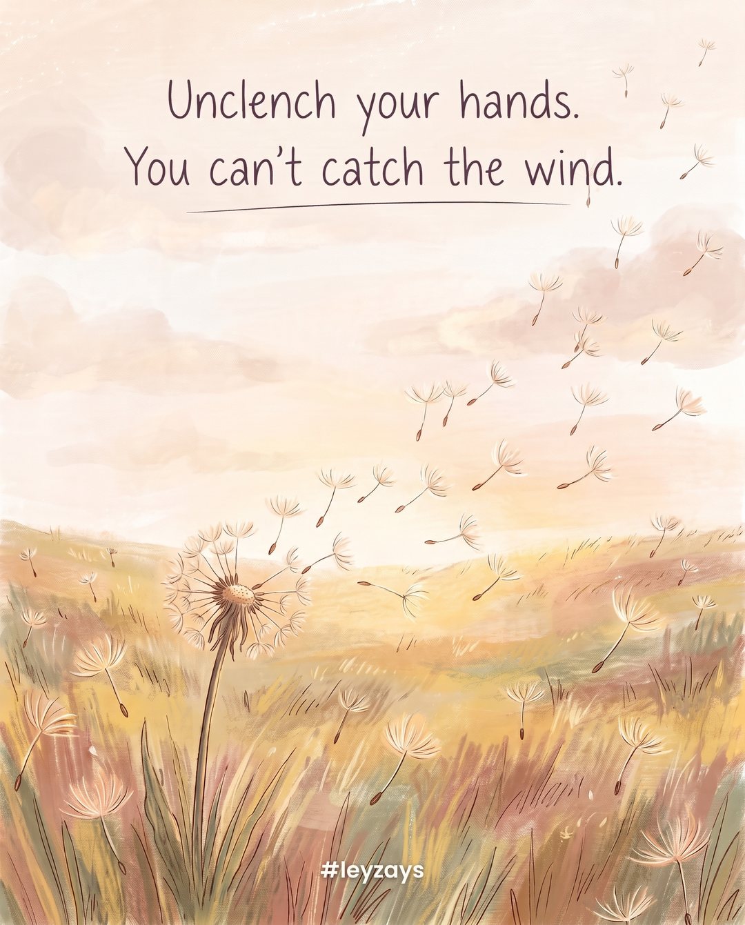 Illustration: Dandelion seeds floating away on the breeze across a golden meadow at sunset, a single dandelion stem left in the grass.