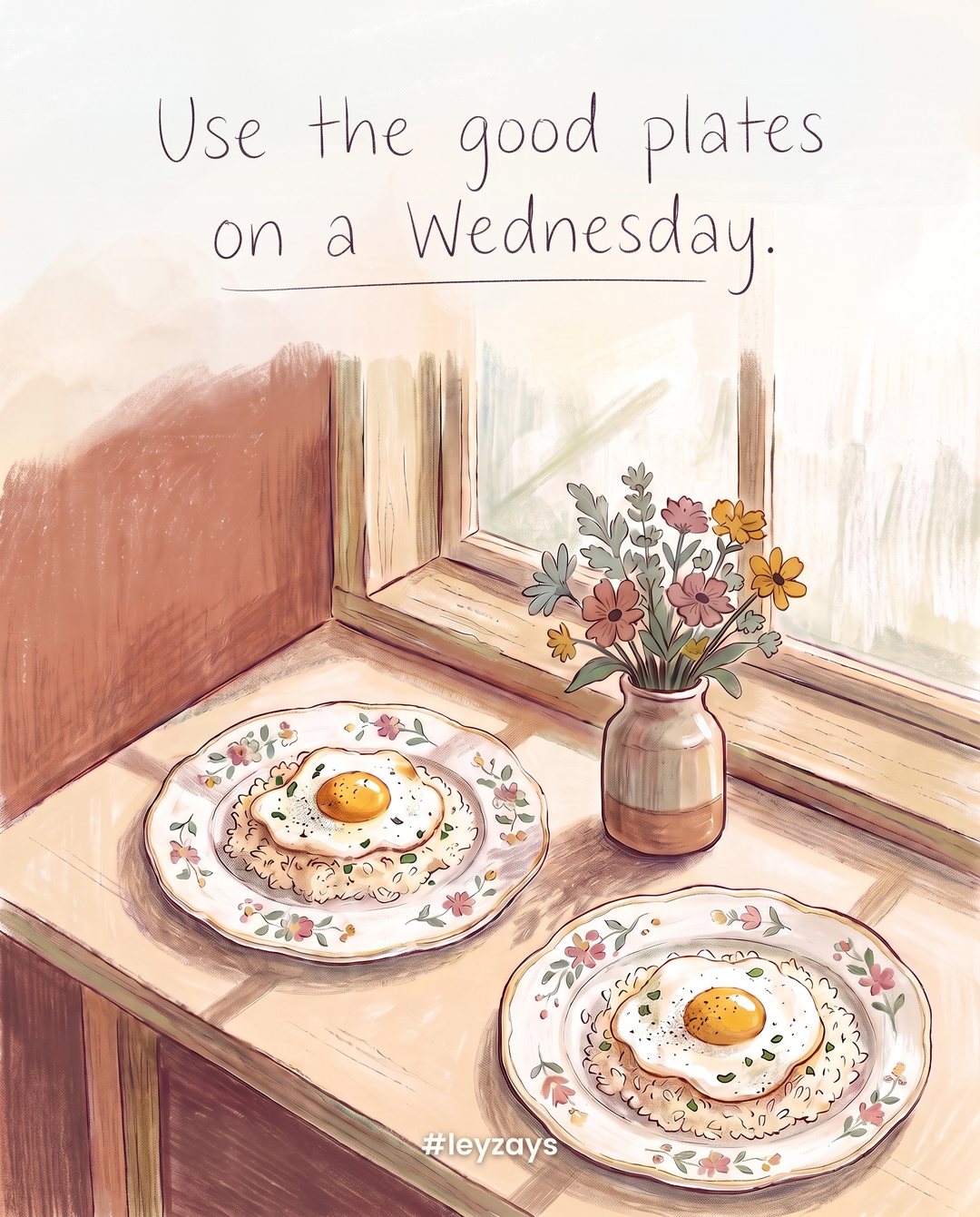 Illustration: Fancy floral porcelain plates holding a simple meal of rice and fried egg on a sunny windowsill table, a small vase of flowers.