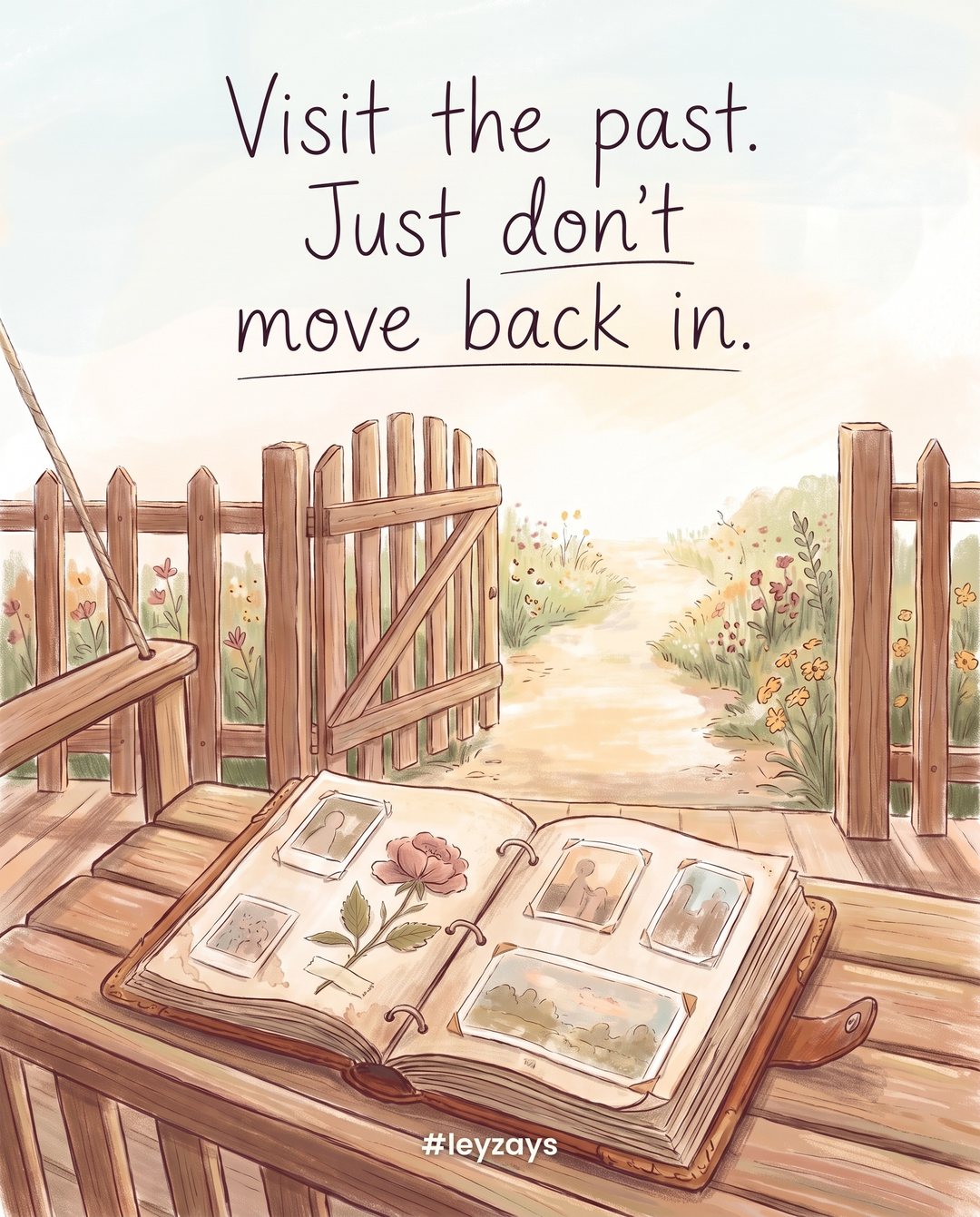 Illustration: An old family photo album lying open on a porch swing with a pressed flower between the pages, a garden gate open beyond, sunlit path leading away.