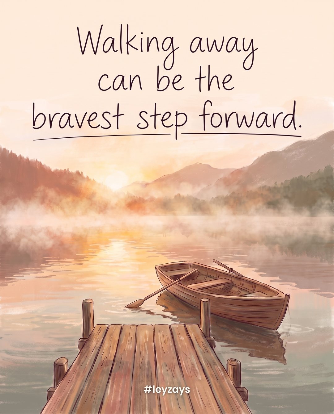 Illustration: A wooden dock on a calm lake at sunrise with an empty rowboat drifting gently away, mist on the water, mountains beyond.