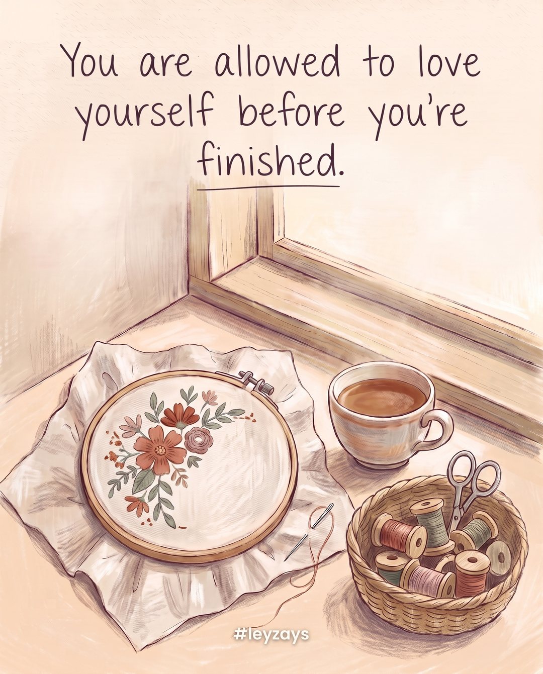 Illustration: A wooden embroidery hoop with a half-stitched flower, the needle and thread still attached, resting on linen beside a cup of tea and a small spool basket, soft window light.