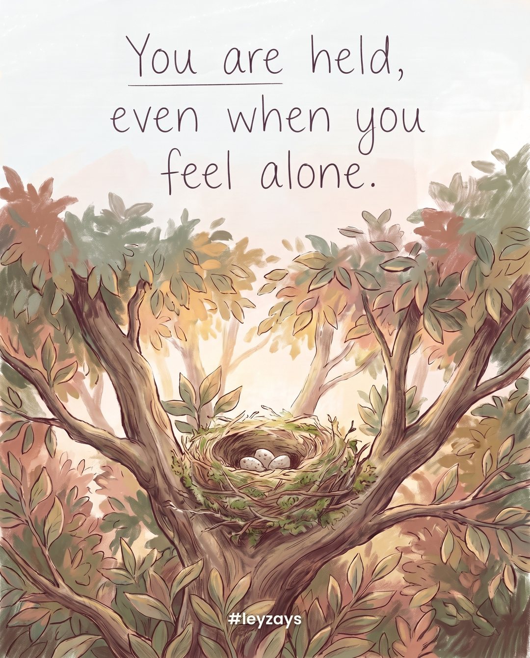 Illustration: A small bird nest cradled safely in the branches of a large tree, surrounded by leaves, soft morning light through the canopy.