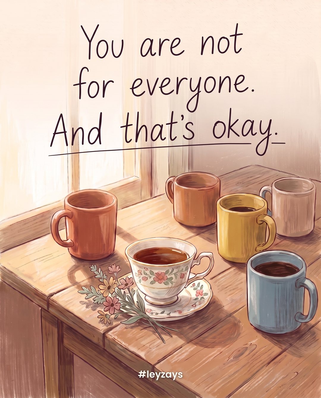 Illustration: A single delicate teacup of tea standing among several coffee mugs on a café table, a small sprig of flowers beside the teacup, morning light.