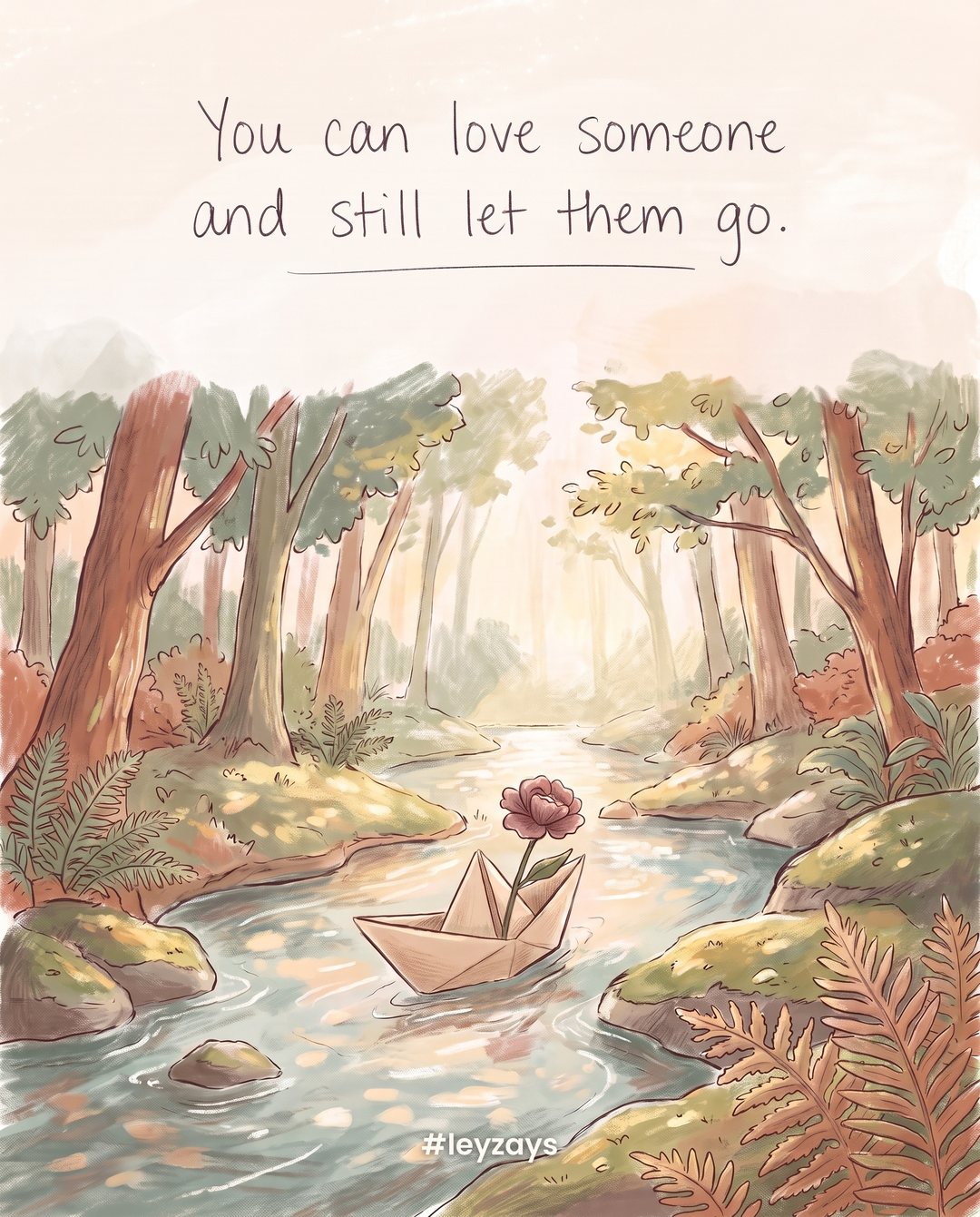 Illustration: A small paper boat with a flower in it floating away down a gentle stream through a sunlit forest.