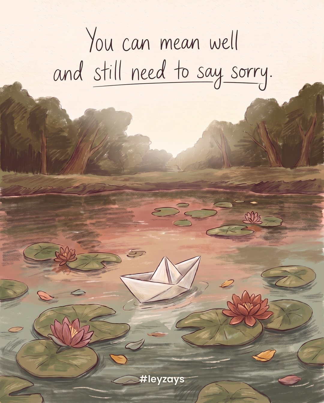 Illustration: A small folded paper boat drifting on a calm pond at dusk, lily pads and a few fallen petals floating around it.