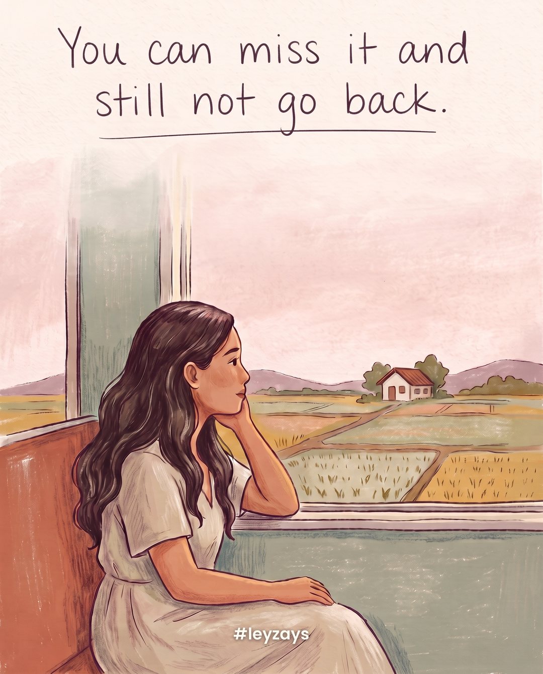 Illustration: a woman with long wavy dark hair seen from the side sitting by a train window, gazing out at a small house growing distant across rice fields.