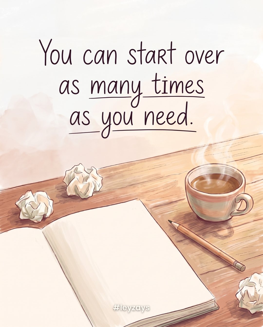 Illustration: A fresh blank page of a sketchbook on a wooden desk beside crumpled paper balls, a sharpened pencil and a cup of coffee, morning light.