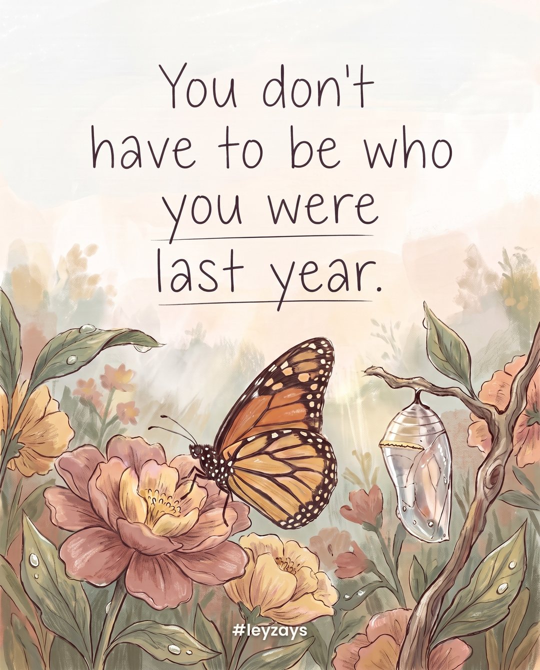 Illustration: A butterfly resting on a flower beside an empty chrysalis hanging from a twig, soft morning garden light.