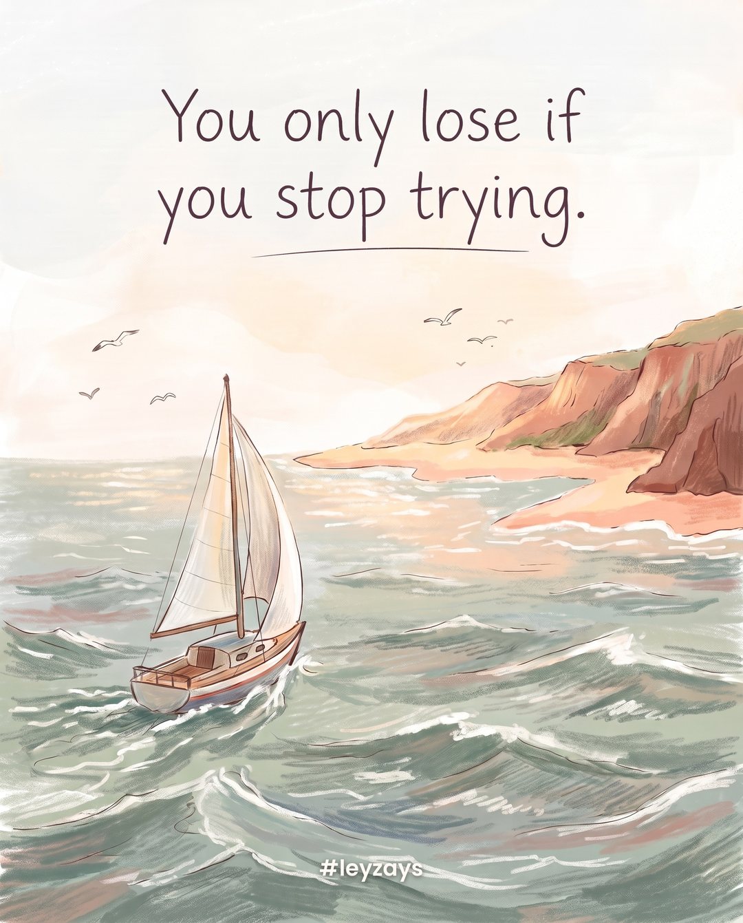 Illustration: A small sailboat navigating choppy water toward a distant sunny island, its sail full of wind, seagulls overhead.