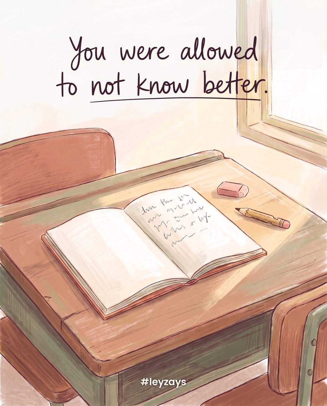 Illustration: A child's first handwritten notebook page with crooked letters (no readable words) on a school desk beside a pencil and an eraser, sunlight.