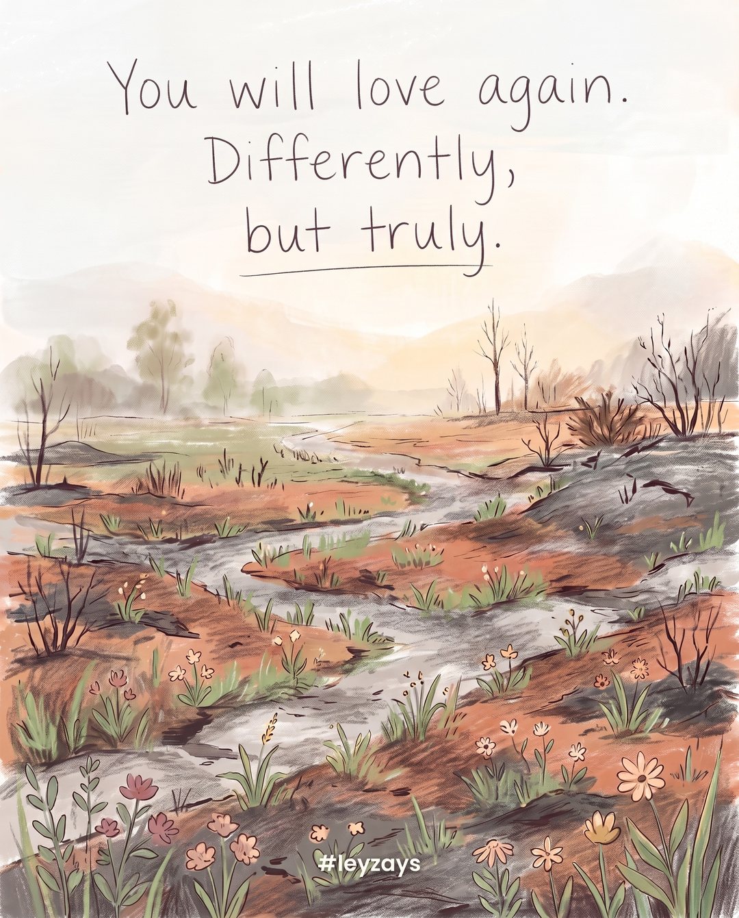 Illustration: A burned field with small new green shoots and wildflowers coming up through the ashes, soft spring light.