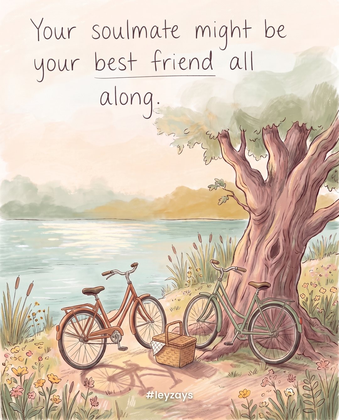 Illustration: Two bicycles leaning together against an old tree beside a quiet lake, a picnic basket between them, afternoon light.