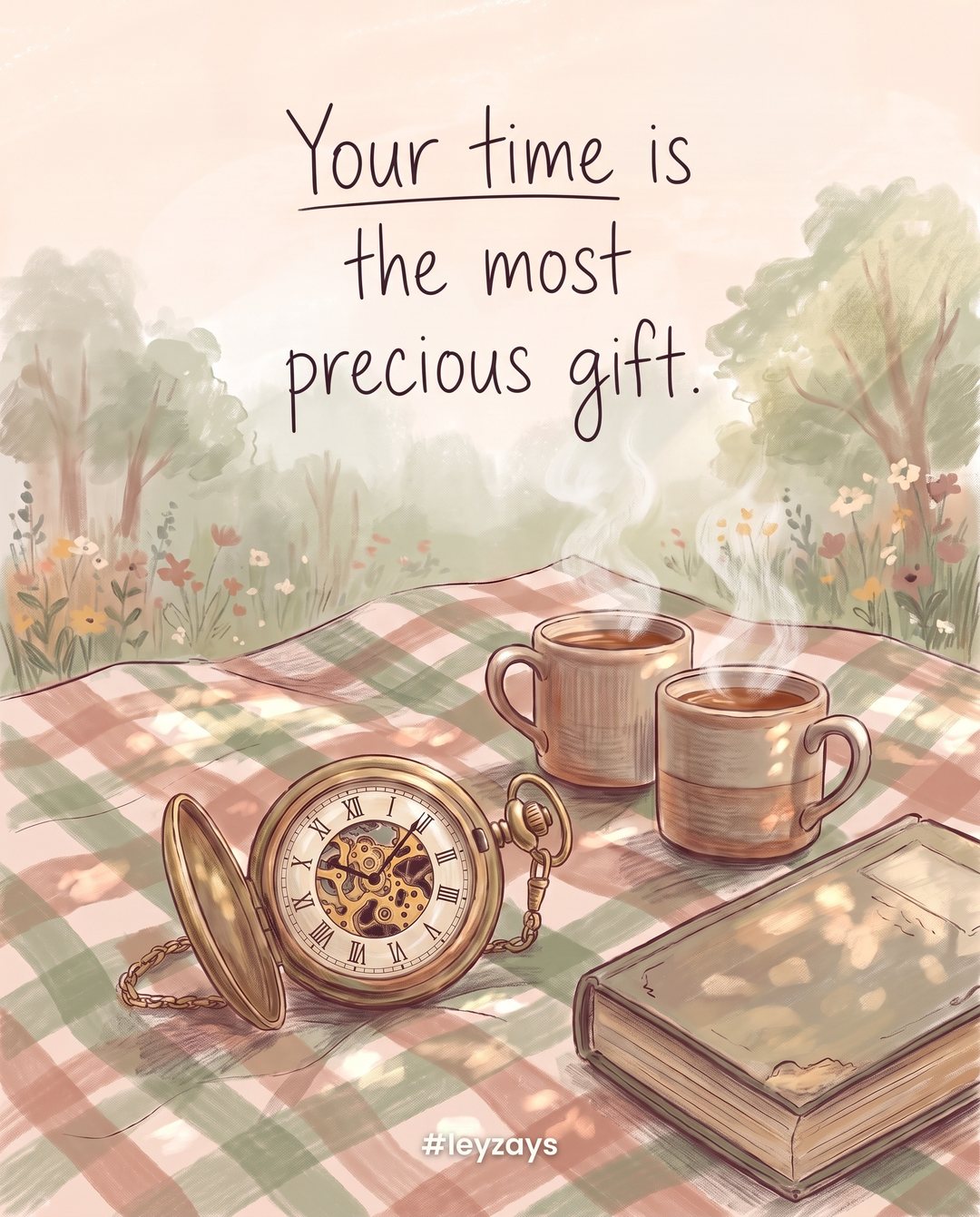 Illustration: An old pocket watch lying open on a picnic blanket in a park beside two cups of tea and a book, dappled sunlight.