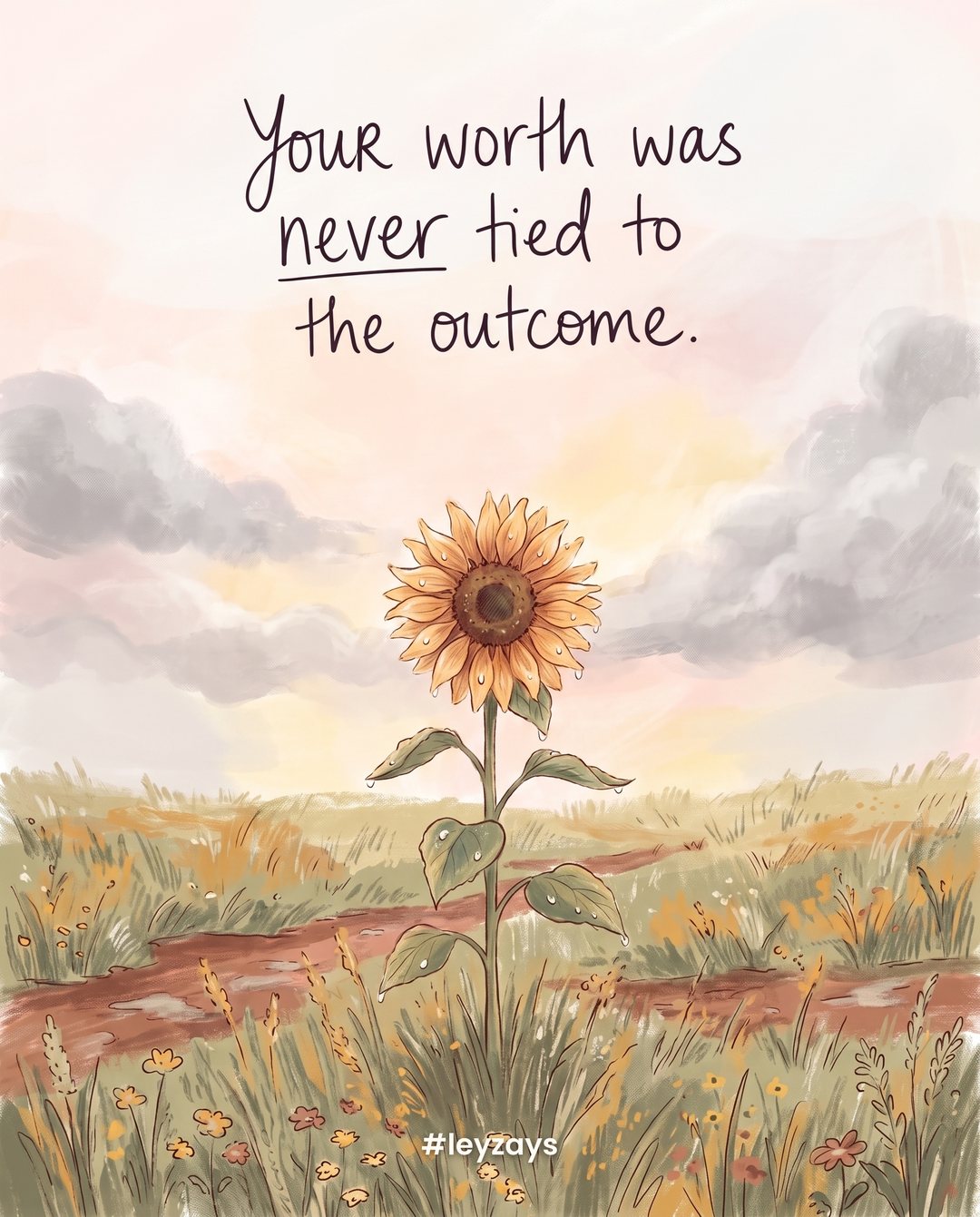 Illustration: A small sunflower standing tall in a field after a storm, its petals slightly ruffled, the sky clearing behind it.